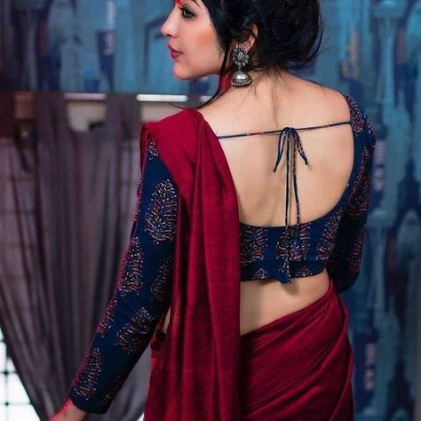 Cotton Saree With Full Sleeve Blouse, Dark Pink Saree, Dark Blue Saree, Blouse Sleeves Design, Saree Outfit, Saree Blue, Fashionable Saree, Dark Blue Blouse, Lace Blouse Design