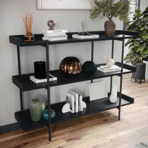 Martha Stewart Emmett 3 Shelf Storage Display Unit Bookcase with Metal Frame | Wayfair Minimalistic Apartment Aesthetic, Black Aesthetic Home Decor, Black And White Aesthetic Living Room, Dark Apartment Aesthetic, Bachelors Pad, Suite Decor, Decorative Bookshelves, 3 Shelf Bookcase, Display Bookcase