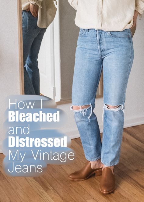 How I Bleached and Distressed My Vintage Jeans. They went from a 'little bland' to really good. 👌🏼 How To Lighten Blue Jeans, Diy Jean Distressing, How To Lighten Jeans Diy, How To Lighten Jeans, Bleaching Jeans Diy, How To Bleach Jeans Diy, Diy Bleached Jeans, Distressing Jeans Diy, How To Fade Jeans