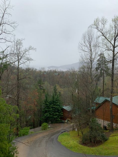 rainy mountain scene Aesthetic Cabin, Tennessee Aesthetic, Gatlinburg Tennessee Cabins, Tennessee Cabins, Mountains Aesthetic, Cabin Aesthetic, Cabin In The Mountains, Small Town Life, Gatlinburg Tennessee