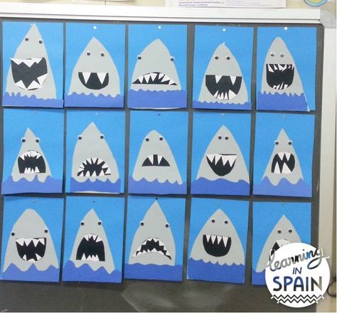 End of the year sharks - Learning in Spain Shark Craft, Summer Art Projects, Ocean Unit, Summer Preschool, Shark Art, Ocean Crafts, Kindergarten Art, Classroom Crafts, Camping Art