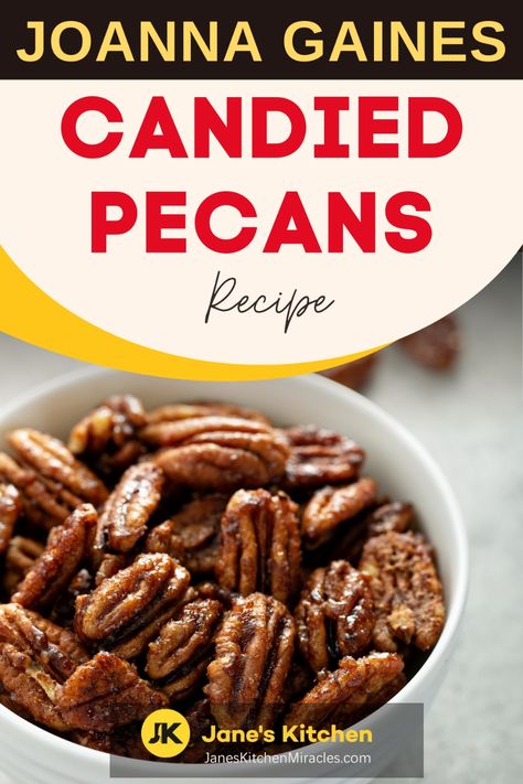 Candied pecans on a table Fried Pecans Recipe, Glazed Pecans Recipe Brown Sugar, How To Candy Pecans For Salad, Joanna Gaines Candy Recipes, Holiday Pecans Recipe, Recipe For Candied Pecans, Sweet Roasted Pecans, Coated Pecans Recipe, Candied Pecan Recipes