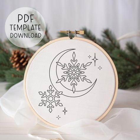 Moon Snowflakes Embroidery Pattern Download, Celestial Christmas Hand Embroidery Design, Handmade Christmas Gift Snow Embroidery Template Snowflakes Embroidery, Snowflakes Embroidery Pattern, Snow Embroidery, Celestial Christmas, Christmas Hand Embroidery, Snowman Embroidery, Snowflake Embroidery, Winter Embroidery, Christmas Embroidery Patterns