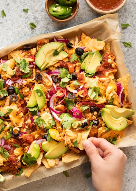 Sheet Pan Jackfruit Nachos – It's All Good Vegan Antinflammatory Recipes, Jackfruit Nachos, Nachos Recipes, Nachos Loaded, Dairy Free Queso, Sheet Pan Nachos, Pan Nachos, Easy Nachos, Pulled Pork Nachos