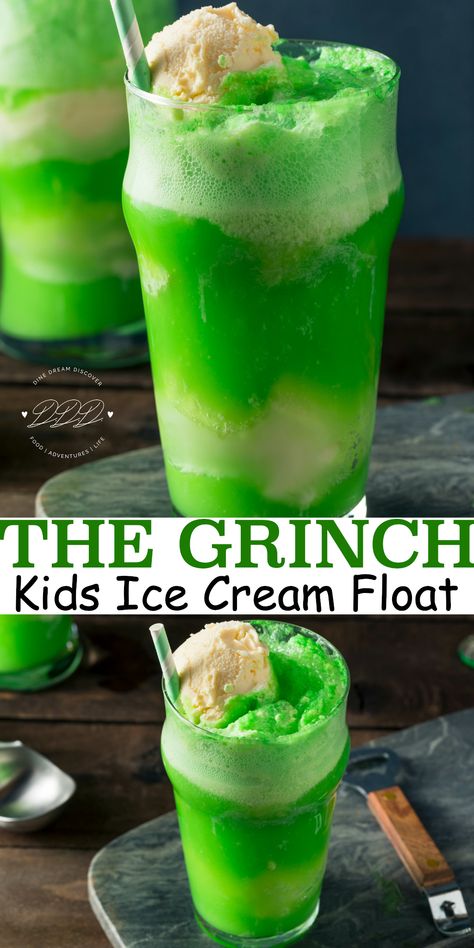 Christmas Ice Cream Sundaes, Float Drink Ideas, Ice Cream Christmas Decorations, Summer Christmas Ideas, Ice Cream Floats Ideas, Grinch Milkshake, Kids Drinks Recipes, Grinch Ice Cream, Float Drinks