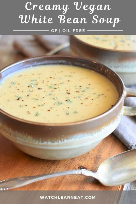 This warm and comforting Creamy Vegan White Bean Soup combines cannellini beans and fresh herbs to create an earthy flavor. This rustic white bean soup is rich and creamy without any of the dairy, gluten or oil! #vegan #veganrecipes #soup #glutenfree #glutenfreerecipes #dairyfree #vegetarian #oilfree Vegetarian Chowder, Vegan White Bean Soup, Bean Soup Recipes, Vegan Soup Recipes, Vegetable Broth, White Bean Soup, Vegan Soups, Cannellini Beans, Pinot Grigio