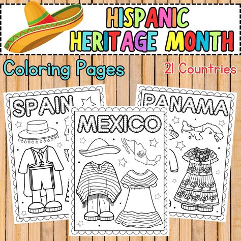 Let your young students learn about Hispanic countries in a simple and fun way with this Pretty Hispanic Countries Coloring Pages. Countries included: Spain, Mexico, Costa Rica, El Salvador, Guatemala, Honduras, Nicaragua, Panama, Cuba, the Dominican Republic, Puerto Rico, Argentina, Bolivia, Chile, Colombia, Ecuador, Paraguay, Peru, Uruguay, Venezuela, and Equatorial Guinea. 🌸INCLUDED🌸    1) A PDF File Includes 21 Pages.    2) Size: 8.5x11 Inch.    3) Total Countries 21. 🌸RETURNS🌸 There are Hispanic Heritage Month Preschool, Hispanic Heritage Month Crafts Preschool, Spanish Heritage Month Activities, Month Coloring Pages, Hispanic Heritage Month Crafts, Latina Culture, Hispanic Countries, Hispanic Heritage Month Activities, Spanish Heritage