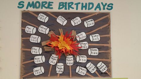 Summer smores preschool birthday bulletin board                                                                                                                                                      More Smores Bulletin Board Ideas, Camping Birthday Board Classroom, School Birthday Bulletin Board Ideas, Summer Birthday Bulletin Board Ideas, Smores Bulletin Board, Smore Bulletin Board, March Birthday Bulletin Boards, Summer Birthday Bulletin Boards, Summer Birthday Boards Classroom