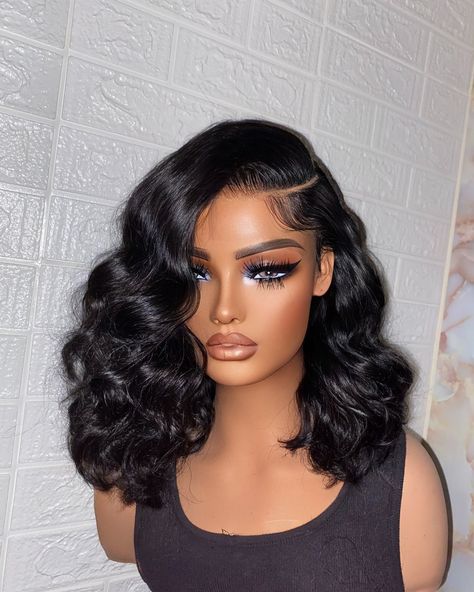 PARIS Flirty Bob JET BLACK Side Part ✨ 5x5 HD lace GLUE-LESS unit Available for purchase Hair: Raw Indian exotic deep wavy 🤎 TEXT TO ORDER: 484-475-6470 or click the link in bio for EXPRESS SHIPPING -Hair: raw Indian luxe wave with 5x5 HD closure -Size: 21”-23” circumference -Elastic Adjustable Band for glue-less wear ALL Custom signature units include: ✅Custom machine made ✅Tailored to fit clients head measurements ✅Premium Bundles & HD lace included ✅Glue-less/easy install Skip t... Jet Black Side Part, 2017 Hairstyles, Side Part Wig, 13x6 Lace Frontal Wig, Lace Glue, Wigs Short, Brazilian Hair Bundles, Custom Signature, Short Human Hair Wigs