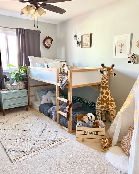 This room is a reflection of his little personality, my wild three years old! 🦁🐵🦍🦓🦒 It’s fun to decorate kids’ bedroom and the solution is… Boys Safari Room, Bunk Bed For Three Year Old, Toddler Cabin Bed, Safari Room Ideas, Floor Beds For Toddler Hoys, Baby Brothers, Motessori Bunk Bed, John Lewis Toddler Bed, Brothers Room