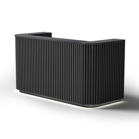 The HALO 1.8M Reception Desk reception has Black Finish with slat panels at a distance of 2.5cm and includes LED lights on the Kickboard to add a striking effect. #furniture #furnituredesign #furnitures #decor #homedecor #homedecoration #seating #cabinet #desk #lighting #bed #shelves #decoration #outdoorfurniture #dining #mirror #clocks #receptionfurniture #furnituredecor #replicafurniture #livingroom #sofa #diningroom #bedroom #rugs #kidsroom #plantpots #arts #homeoffice #walldecals #table Modern Lobby Interior, Black Reception Desk, Black Modern Furniture, Office Reception Table Design, Front Desk Design, Small Reception Desk, Strong Branding, Reception Table Design, Modern Lobby