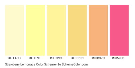 Strawberry Lemonade Color Scheme » Pink » SchemeColor.com Yellow And Pink Color Scheme, Strawberry Lemonade Color Palette, Pink Lemonade Color Palette, Lemonade Color Palette, Pink Lemonade Aesthetic, Lemonade Aesthetic, Youtube Room, Hexadecimal Color, Infographic Inspiration