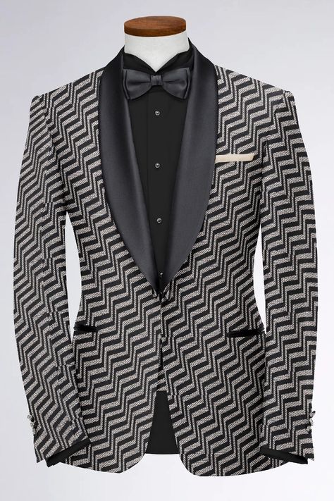 Tuxedo, Zigzag, Black, Grey, Party Wear, Reception, Indian Wedding Grey And Black Tuxedo, Mens Formalwear, Black Tuxedo Jacket, Grey Tuxedo, Mens Fashion Wedding, Designer Suit, Tailored Suit, Men's Outfits, Black Tuxedo