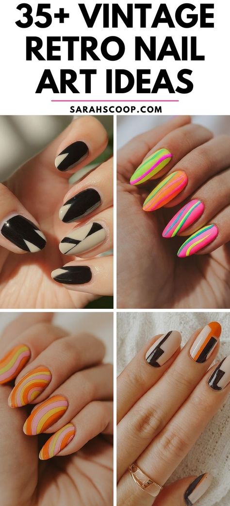 Add a touch of nostalgia to your nails with these vintage retro-style nail art designs. With over 35 unique ideas, you're sure to find something that will take you back in time. #VintageNailArt #RetroNails #NailArtIdeas 60s Nail Art Retro, 70’s Nail Designs, Rockabilly Nails Designs, Mid Century Nails, Retro Fall Nails, Retro Nail Art Vintage, Disco Nails 70s, 80’s Nails, Vintage Nails Design Retro