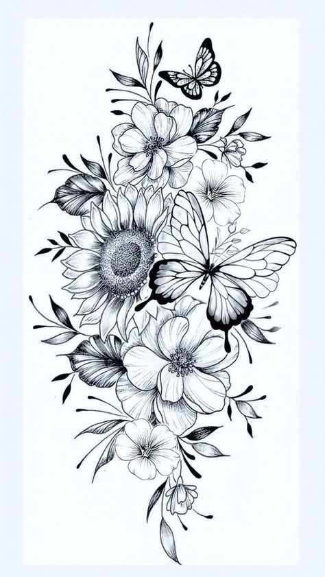 Thigh Tattoos Floral, Tropisches Tattoo, Women Outline, Tattoos Floral, Unique Half Sleeve Tattoos, Sunflower Tattoo Sleeve, Floral Thigh Tattoos, Hip Thigh Tattoos, Outline Tattoo