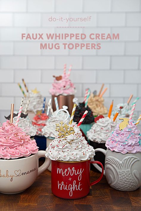 How To Make Faux Whipped Cream Mug Toppers - Something Turquoise How To Make Faux Drinks, Whipped Cream Toppers For Mugs, Faux Hot Chocolate Prop Diy, Fake Muffins Diy, Fake Hot Cocoa Mug Diy, Faux Whipped Cream Diy, Christmas Mug Craft, How To Make Fake Whipped Cream, Faux Ice Cream Diy