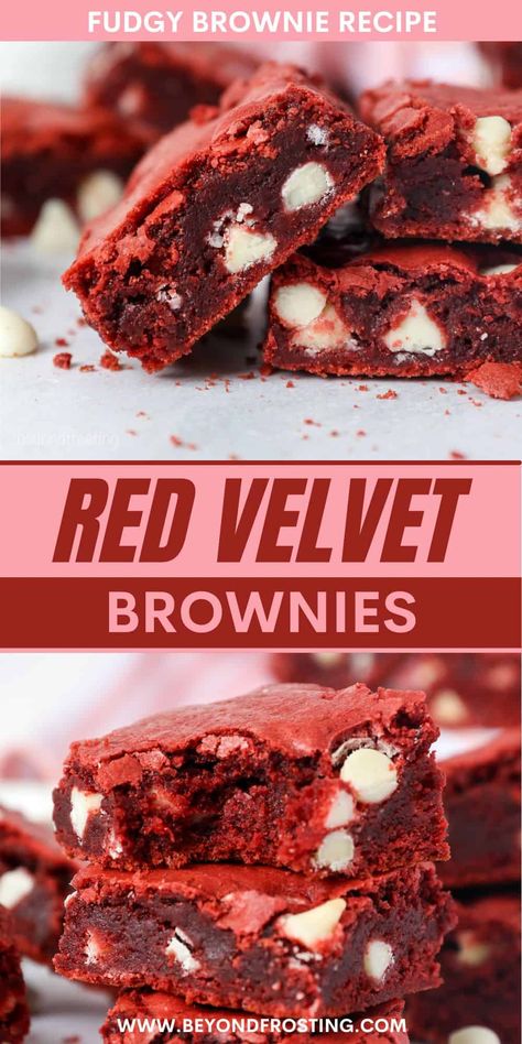 Red velvet brownies are chewy, fudgy brownies with a deep red color and shiny, crackly tops. Loaded with white chocolate chips and so festive! Red Velvet Brownies Recipe, Red Velvet Cheesecake Brownies, Red Velvet Desserts, Velvet Brownies, Red Velvet Recipes, Red Velvet Brownies, Brownies From Scratch, Fudgy Brownie Recipe, Red Velvet Cake Mix