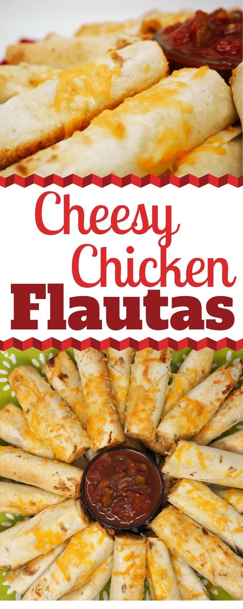 Baked Cheesy Chicken Flautas are great easy recipe for your next Mexican Fiesta. They bring loads of flavor with just a few ingredients. So simple but super delicious. | Chicken Flautas | How to Make Chicken Flautas | Chicken Flauta Party Ring | Mexican Flautas | Chicken Flautas with Cream Cheese | Chicken Flautas with Burrito sized Tortillas | Oven Baked Chicken Flautas | Cinco de Mayo Recipes | #Flautas #MexicanFlautas #ChickenFlautas #CincoDeMayo #PartyFoods Chicken Cheese Tortillas, Chicken And Cheese Flautas, Chicken Flauta, Baked Chicken Flautas, Mexican Flautas, Baked Cheesy Chicken, Flautas Recipe, Cinco De Mayo Recipes, Chicken Flautas