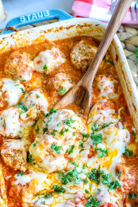 Baked Meatballs Parmesan · Easy Family Recipes Meatball Pizza Bake, Meatball Casserole Parmesan, Baked Meatballs With Mozzarella, Meatball Parmesan Bake, Chicken Parmesan Meatball Casserole, Keto Meatball Parmesan Bake, Homemade Beef Meatballs, Easy Meatballs Recipe, Meatballs Parmesan