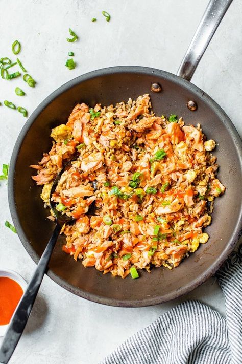 Fried Rice For One, Cauliflower Rice With Salmon, Salmon Brown Rice Recipes, Skinnytaste Salmon, Cauliflower Rice And Salmon Recipes, Salmon With Cauliflower Rice, Leftover Salmon Recipes, Salmon Fried, Salmon Fried Rice