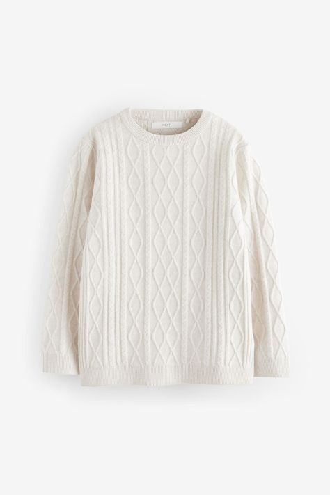 With a timeless design, this cosy knitted jumper is made from a warm fabric with an all-over cable knit design, finished with long sleeves, ribbed hems and a crewneck collar. 48% LENZING ECOVERO Viscose, 32% PBT, 15% Nylon, 5% Acrylic. White Knitted Jumper, Cosy Clothes, Cream Sweaters, Autumn Jumpers, Wooly Jumper, Boy Jumper, Cream Jumper, Winter Jumpers, Lit Outfits