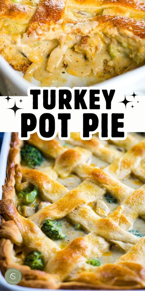 picture of filling in pot pie and finished pie with lattice crescent roll top Turkey Pot Pie Crescent Rolls, Leftover Turkey Meal Prep, Ideas For Turkey Leftovers, Cubed Turkey Recipes, Leftover Turkey Recipes Easy Casserole, What To Do With Leftover Turkey, Left Over Thanksgiving Turkey Ideas, Thanksgiving Turkey Leftover Recipes, Turkey Leftover Recipes Easy Dinners