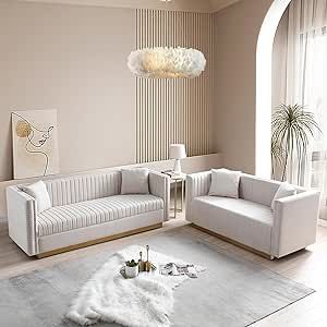 mikibama Luxury Velvet Sofa Set for Living Room, Modern Decor Furniture Channel Sofa Couch and Loveseat with Nailhead Gold Metal Legs and 4 Pillows for Bedroom, Hall (Beige) Living Room Modern Decor, Luxury Velvet Sofa, Sofa Set For Living Room, Velvet Sofa Set, Glam Living Room Decor, Contemporary Decor Living Room, Classy Living Room, Elegant Living Room Decor, Classy Bedroom