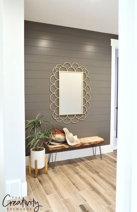 Painted shiplap accent wall in hallway. Shiplap Color Ideas, Entry Accent Wall Ideas, Accent Wall Colours, Shiplap Wall Color Ideas, Grey Shiplap Wall, Grey Shiplap, Wallpaper Living Room Accent Wall, Brick Wallpaper Living Room, Painted Shiplap