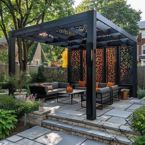 Facebook Black Pergola, Rooftop Patio Design, Commercial Design Exterior, Terrace Garden Design, Rooftop Terrace Design, Modern Backyard Landscaping, Outdoor Patios, Pergola Design, Backyard Renovations