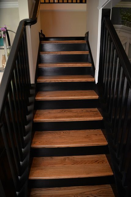 Stairs With Black Risers, Stair Riser Ideas, Painted Stair Risers, White Stair Risers, Entryway Staircase, U Shaped Staircase, Tiled Staircase, Wallpaper Stairs, Contemporary Deck