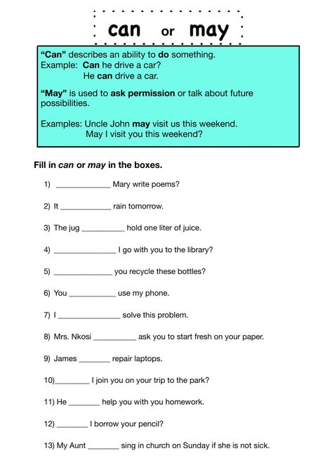 Can Or May Worksheets, May And Can Worksheets, May Worksheets, Grammar Worksheets Grade 5, Grade 8 English Worksheets Grammar Lessons, Modals Grammar Worksheet, Articles Worksheet With Answers For Grade 2, Determiners Grammar Worksheets, Middle School Esl