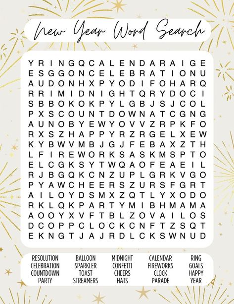 Free New Year SVG files and printable word search with answers for 2025, perfect for adults and kids, featuring festive designs and fun puzzles to celebrate the New Year. New Years Crossword Puzzles, Free Printable Word Searches For Adults, New Years Free Printables, Hard Word Search Free Printable, Wordsearches For Kids Free Printable, Activity Sheets For Adults, Adult Word Search Printables, New Years Word Search, Easy Word Search For Kids