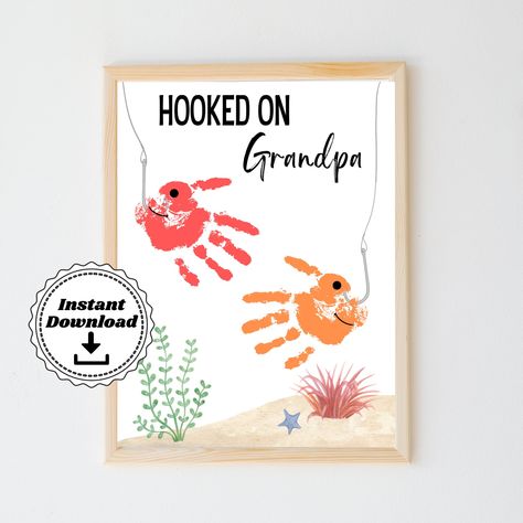 Excited to share the latest addition to my #etsy shop: Hooked on Grandpa Handprint | Father Printable Preschool Crafts, Toddler Fathers Day Gifts, Fish Handprint, Craft Toddler, Diy Father's Day Crafts, Fathers Day Art, Footprint Crafts, Preschool Craft, Footprint Art