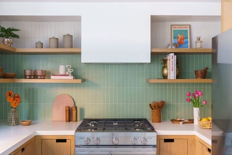 A Townhouse Kitchen with Builder-Grade Features Gets a Fresh Makeover Japandi House Design, Sage Tile, Builder Grade Kitchen, Zia Tile, Tile Splashback, Ceramic Subway Tile, Tiles Floor, White Backsplash, Encaustic Cement Tile