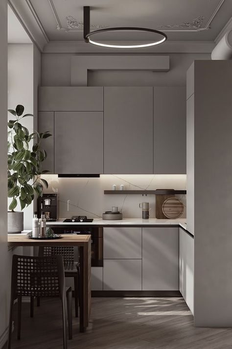 Small Gray Kitchen, Grey Kitchen Interior, Tiny House Loft, Gray Kitchen, The Passage, Apartment Renovation, Small Space Kitchen, Grey Kitchen, Apartment Kitchen