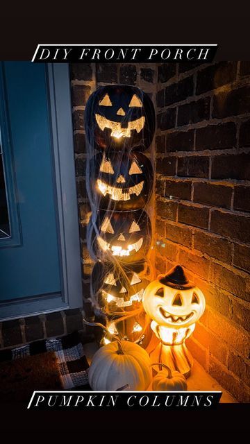 Light Up Pumpkins On Porch, Diy Stacked Pumpkin Decor, Skeleton On Front Porch Ideas, Plastic Pumpkin Tower Diy, Affordable Halloween Decorations Outdoor, Plastic Pumpkin Porch Decor, Holloween Decore Idea Front Porch Diy, Pumpkin Pillar Diy, Stacked Plastic Pumkin Decoration Ideas