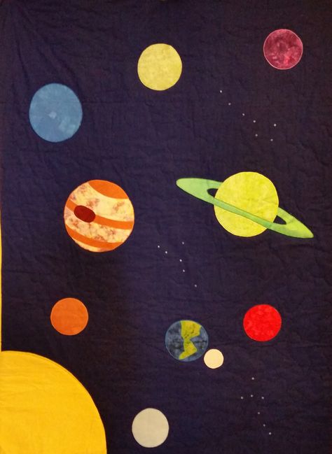 Solar System quilt and play-mat pattern.  Includes patterns for space-themed fabric toys.  The Sun doubles as a storage pocket to hold the toys.  Now available for Kindle. Solar System Quilt Pattern, Planet Quilt Patterns, Planet Quilt, Solar System Quilt, Space Quilt, Boy Nursery Themes, Space Fabric, Childrens Quilts, Baby Boy Quilts