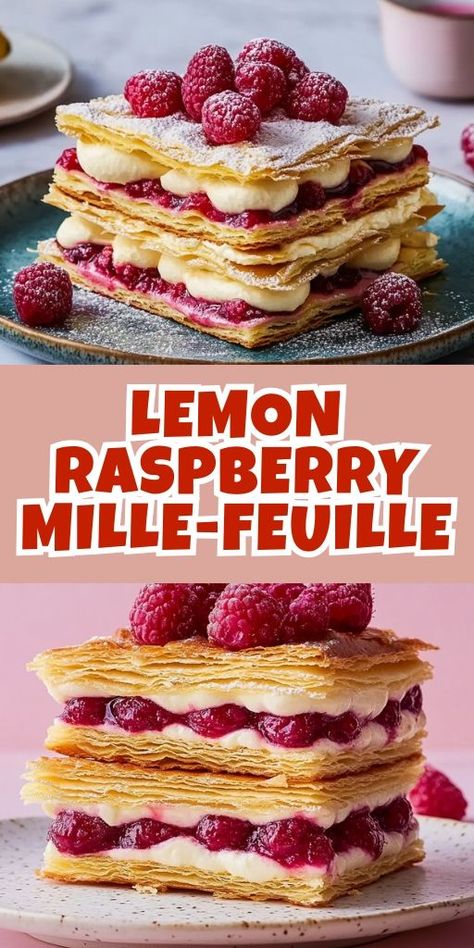 🍋🍇 Elevate your dessert game with this stunning Lemon Raspberry Mille-Feuille! Delicate layers of flaky puff pastry, zesty lemon cream, and sweet raspberries come together for an elegant treat that’s perfect for special occasions or weekend indulgence. Impress your guests with this French-inspired dessert that’s both light and decadent. 👉 Save this recipe for your next baking project! #MilleFeuille #FrenchDessert #LemonRaspberry #PastryRecipes #ElegantDesserts #BakingInspiration #DessertGoals Mille Feuille Nabe Recipe, Millefeuille Dessert, Mille Feuille Recipe, Nabe Recipe, Millefeuille Recipe, Napoleon Dessert, Quick Treats, Quick Easy Desserts, Easy To Make Desserts