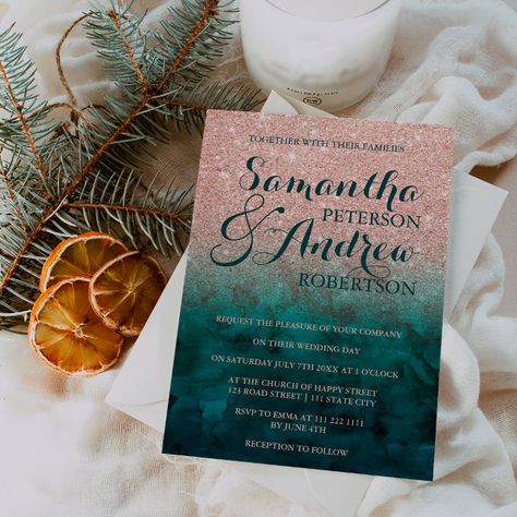 Create your own Invitation | Zazzle Teal And Rose Gold Wedding, Rose Gold And Olive Green, Emerald Wedding Invitations, Green Emerald Wedding, Elegant Wedding Theme, Glitter Shower, Watercolor Wedding Invitation Suite, Ship Captain, Elegant Wedding Themes