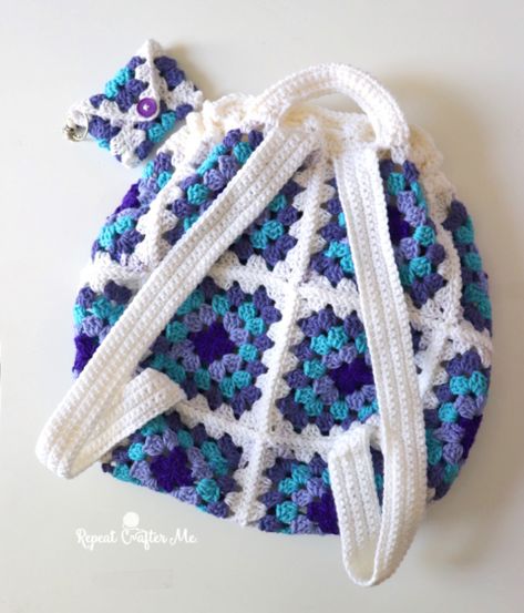 Red Heart All-in-One Granny Square Backpack - Repeat Crafter Me Granny Square Backpack Pattern, Granny Square Crochet Bag Gift, Granny Square Backpack Free Pattern, Crochet Granny Square Backpack Pattern, Granny Square Backpack, Granny Square Drawstring Bag, Crochet Granny Square Drawstring Bag, Heart Granny Square, Square Backpack