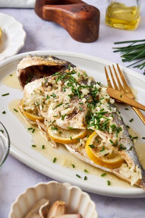 Branzino Recipe Whole, Bronzino Fish Recipe, Roasted Branzino Recipe, Whole Branzino, Roasted Branzino, Branzino Recipe, Citrus Butter, Pan Fried Tilapia, Lemon Butter Sauce