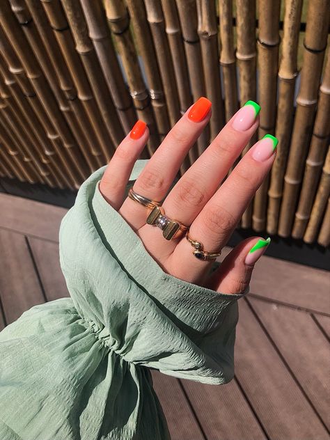 Green And Orange Nail Designs, Summer Nails 2022 Short, Green Orange Nails, Orange Green Nails, Green And Orange Nails, Orange And Green Nails, Nails 2022 Short, Square Nail Shape, Short Square Nail