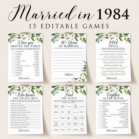 40th Wedding Anniversary Party Games Printable Greenery Anniversary Couple Games for Anniversary Party Married in 1984 Trivia Adult Game WR1 Games For Anniversary Party, Wedding Anniversary Party Games, 51st Anniversary, 30th Anniversary Parties, Anniversary Party Games, Party Games Printable, Anniversary Games, 55th Wedding Anniversary, 50th Wedding Anniversary Party