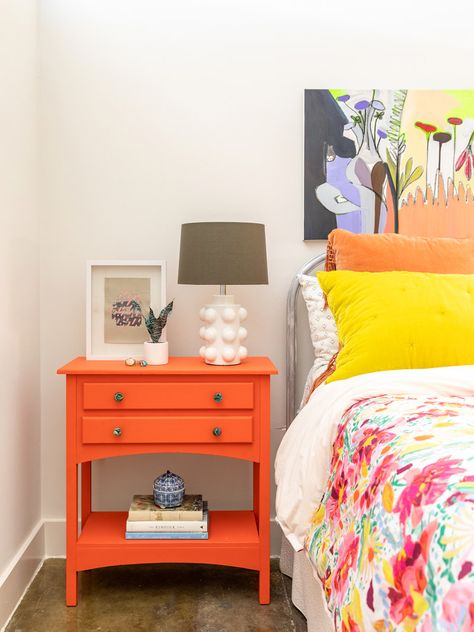 Pop Of Color Nightstand, Colorful Bedside Table, Orange Nightstand, Items For Your Room, Colorful Nightstand, Orange Bedside Table, Painted Nightstand, Pink Nightstands, Toy Shelf