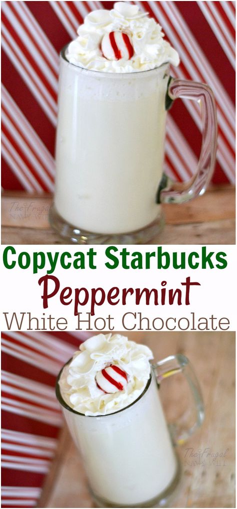 I LOVE Starbucks Peppermint White Hot Chocolate and I started messing with the recipe and nailed it! #copycatstarbucks #FrugalNavyWife #starbuckscopycat #starbucksrecipe  #hotchocolate #whitehotchocolate #peppermint Peppermint White Hot Chocolate, White Hot Chocolate Recipe, Peppermint White, Copycat Starbucks, White Chocolate Mocha, Peppermint Hot Chocolate, Hot Chocolate Recipe, White Hot Chocolate, Starbucks Copycat