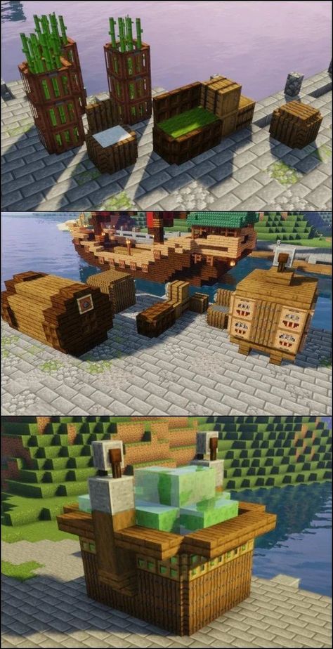 Minecraft Fish Market Ideas, Fisherman House Minecraft Ideas, Docks Minecraft Ideas, Minecraft Dock Decoration, Minecraft Medieval Interior Ideas, Mining Area Minecraft Ideas, Minecraft Docks Medieval, Minecraft Villager Ideas, Minecraft Railing Ideas