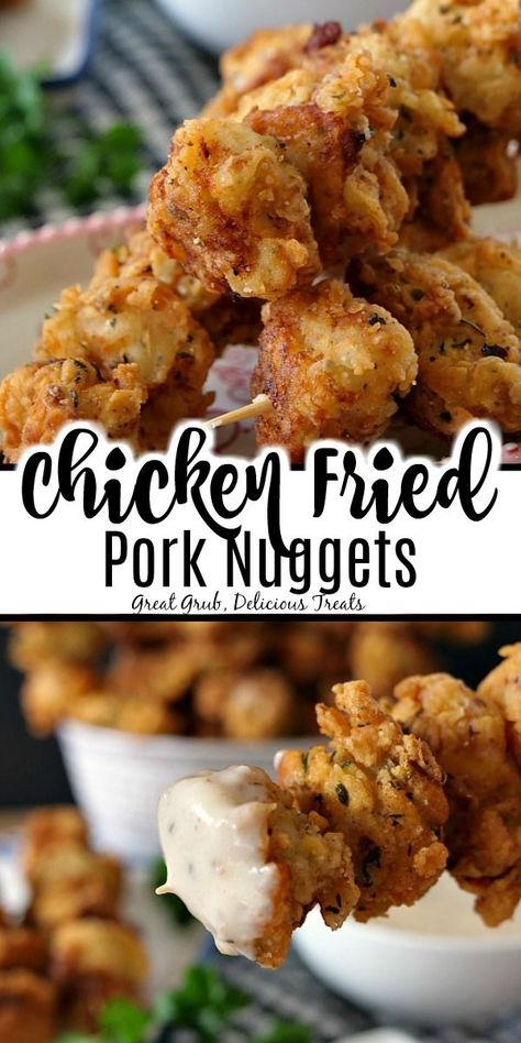 Chicken Fried Pork Nuggets are bite-size nuggets of pork with a crispy coating, deliciously seasoned and a delicious appetizer recipe for the big game.  #easyporkappetizer #biggameappetizers #partyfoods #chickenfriedporkrecipes #greatgrubdelicioustreats Pork Appetizer Recipes, Baked Chicken Fried Steak, Pork Cube Steak Recipes, Pork Nuggets, Healthiest Cheese, Chicken Fried Pork, Pork Cube Steaks, Cubed Pork Recipes, Fried Pork Tenderloin