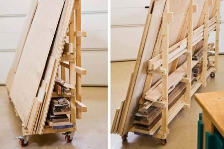 Portable Sheet-Goods Rack Wood Shops, Lumber Storage Rack, Plywood Storage, Lumber Rack, Wood Storage Rack, Lumber Storage, Wood Magazine, Wood Rack, Workbench Plans