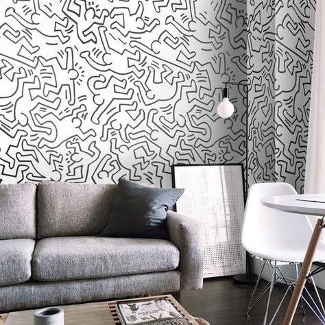 Black and White Wallpaper Modern Wall Covering Minimalist | Etsy Whale Wall Decals, Paper Mural, Keith Haring Art, Haring Art, White Wood Wall, Artistic Wallpaper, Black And White Interior, Black And White Wall, Wallpaper Modern