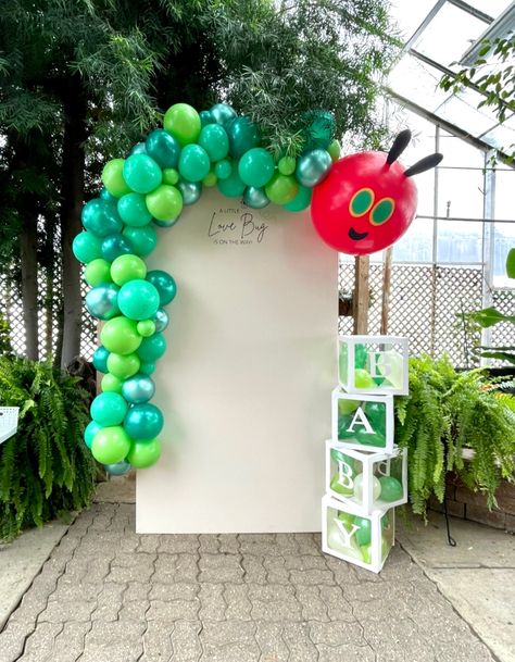 Balloon Garland and Baby Boxes w. Hungry Hungry caterpillar theme Little Bug Baby Shower Theme, Hungry Caterpillar Baby Shower Theme, Little Love Bug Baby Shower Theme, Love Bug Baby Shower Theme, Bug Baby Shower Theme, Bug Themed Baby Shower, Love Bug Baby Shower, Hungry Hungry Caterpillar, Bug Baby Shower